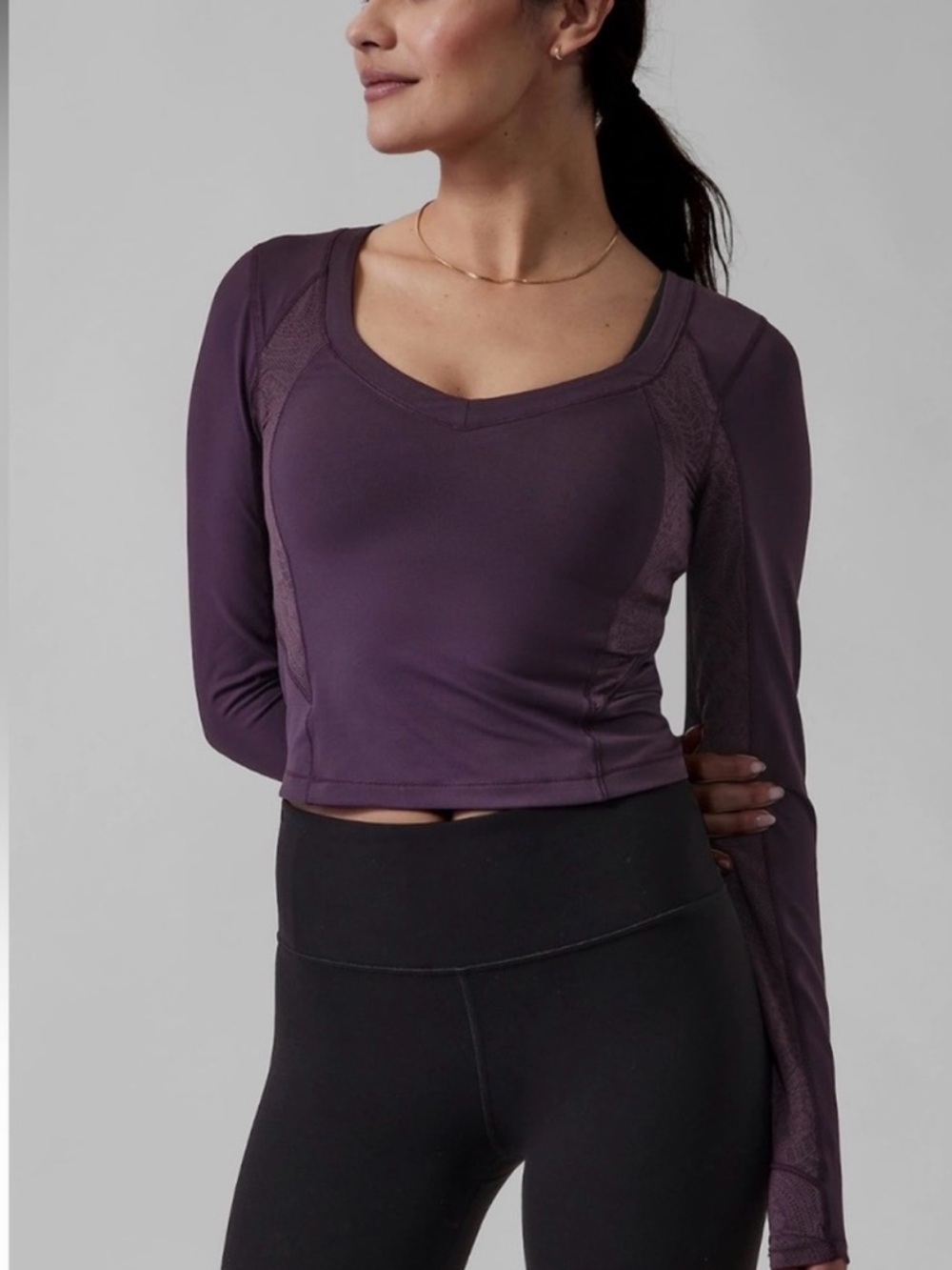 Athleta Shanti Lace Top Long-Sleeve V-Neck Crop Top in Plum Size: S